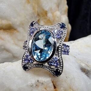 925 Sterling Silver Ring Natural Blue Topaz Genuine Tanzanite Diamond Cut